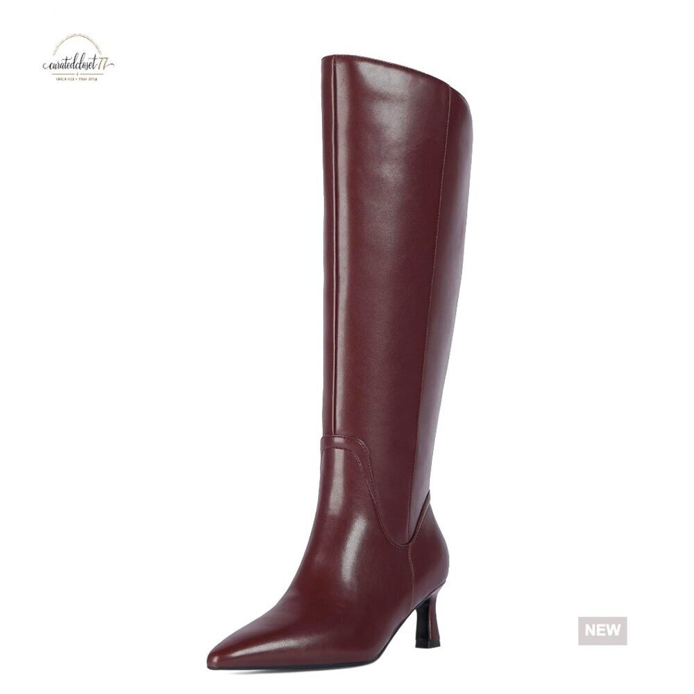 Knee High Boots Pointed Toe Kitten Heel Side Zipper Faux Leather